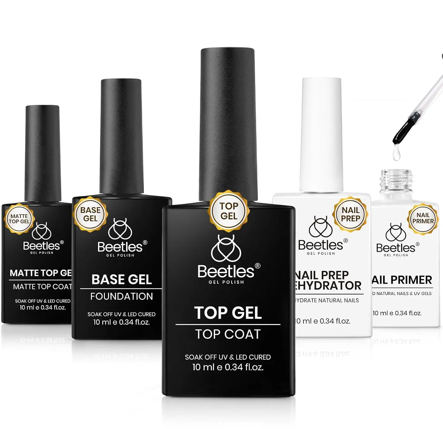 Beetles Gel Top Coat and Base Coat Set with Nail Dehydrator and Primer, 5 Pcs 10ml Glossy & Matte Top Coat Gel Nail Polish Nail Prep Acid-Free and Hema-Free Dehydrate Bond Primer Set for Acrylic #Summervibes