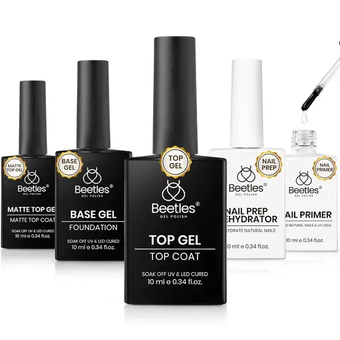 Beetles 5-Pcs 10ml Nail Care Manicure Multi-Pack Bottles - Glossy/Matte Gel Top Coat, Base Coat, Acid-Free Hema-Free Dehydrator, Primer Set for Acrylic Nails, Drying Support, Adults' Cosmetic Selfcare Gift