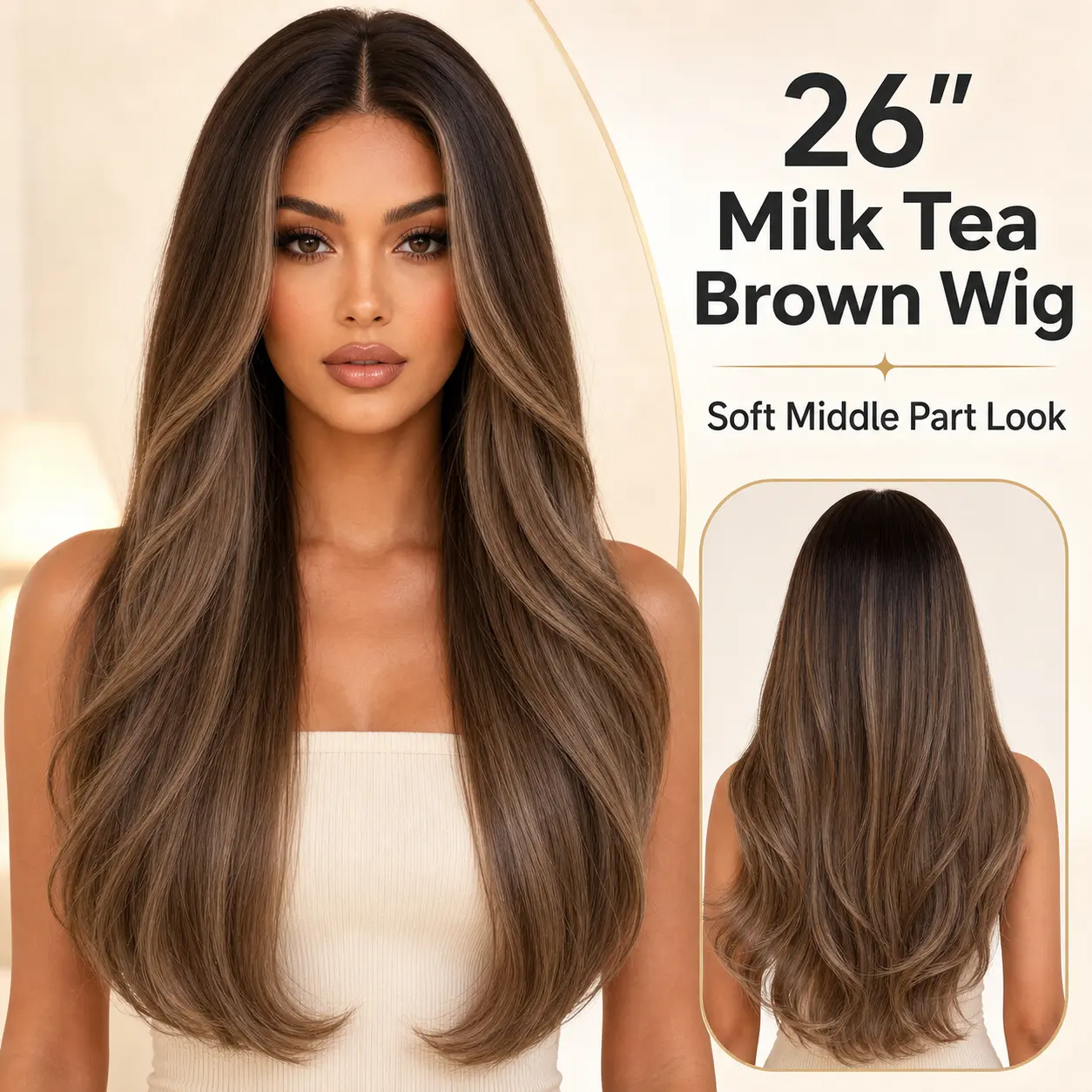 LIVBLEN Mocha Brown Balayage Lace Front Wig, 26 Inch Long Loose Wave Middle Part Wig for Women, Natural Dark Roots and Ash Brown Highlights