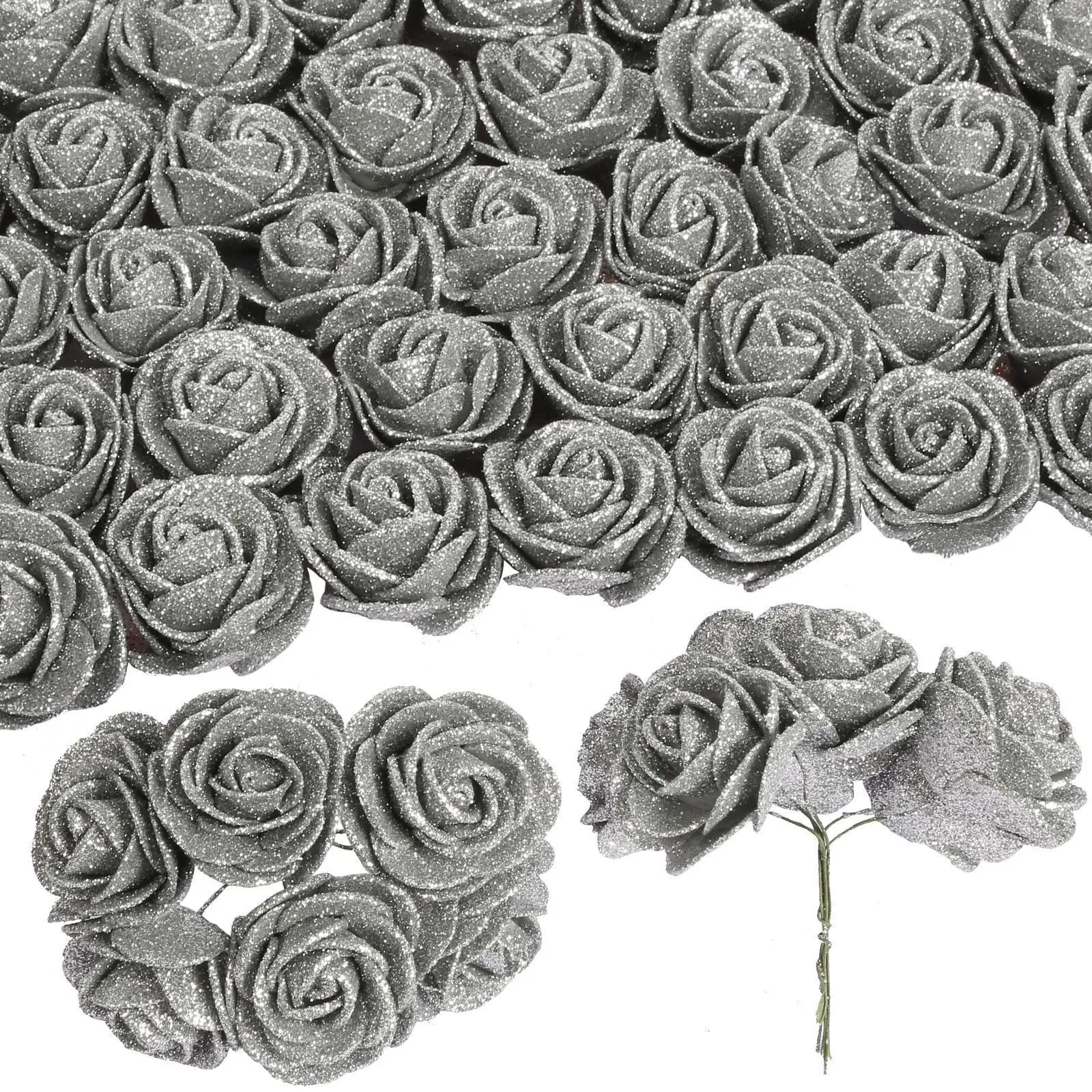 60-Pack Mini Gold Glitter Foam Artificial Roses (4.5cm/1.77in with Stems) - Artificial Flower Decorations, Shiny Home Decor for Table Accents