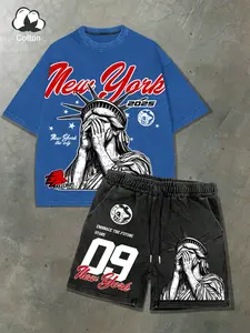 Men's Round Neck T-Shirt & Drawstring Shorts Set, Menswear Fashionable Classic Summer, Comfortable Casual Wear, Goddess Print Short Sleeve Set