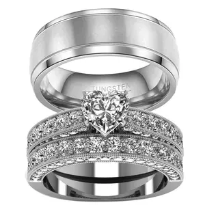 Ringcrown Couple Rings Matching Heart 1ct CZ White Gold Plated 2pcs Women Wedding Ring Sets for Him & Her Tungsten Steel Men's Band