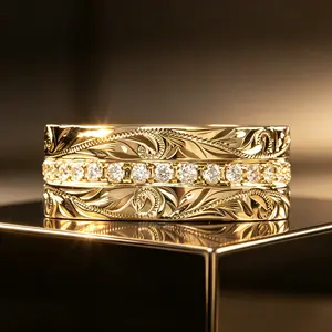 Gold Engraved Leaf CZ Eternity Band| Vintage Stackable Promise Ring