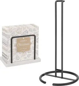 Napkin Holder and Paper Towel Holder Set, 2 Pieces Kitchen Accessories- Metal Napkin Tissue Holder with Marble Base+ Paper Towel Dispenser Freestanding for Table Kitchen Countertop, Black