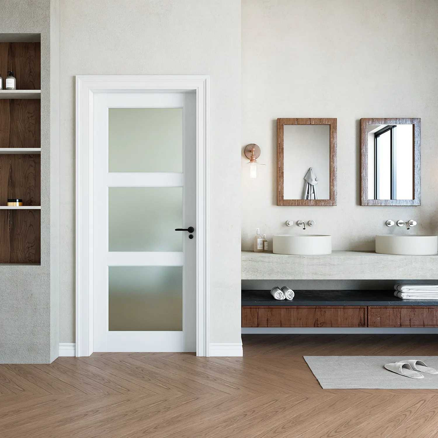 3-Lite Glass Door,Preassembled Frosted Glass French Door,MDF Wood Panel,for Utility Room Pantry Closet Laundry Room, Bathroom,w/o Hardware,White