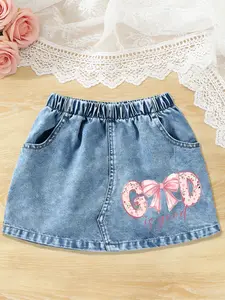 New Fashion Denim Skirt for Girls, Bow and Letter Pattern, Knee Length, Casual Style, Suitable for Ages 12 and Under, Spring Summer