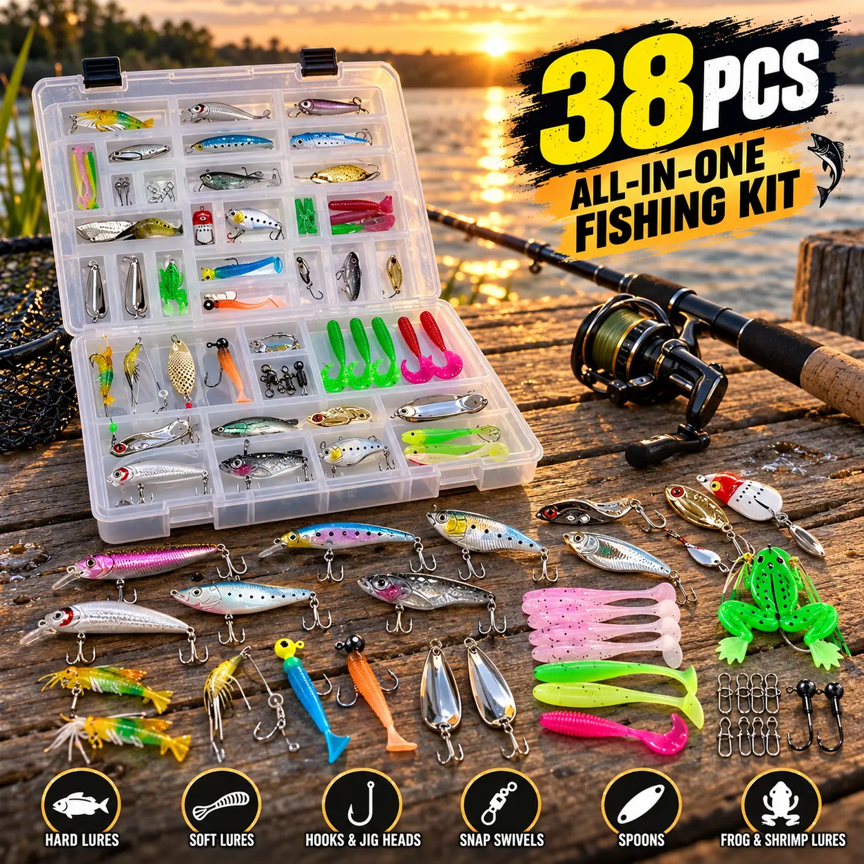 38-Piece Complete Tackle Kit - All-in-1 Lure Set with Hard Baits, Soft Worms, Spoons, Jigs & Accessories for Outdoor Sports Fishing fishing equipment