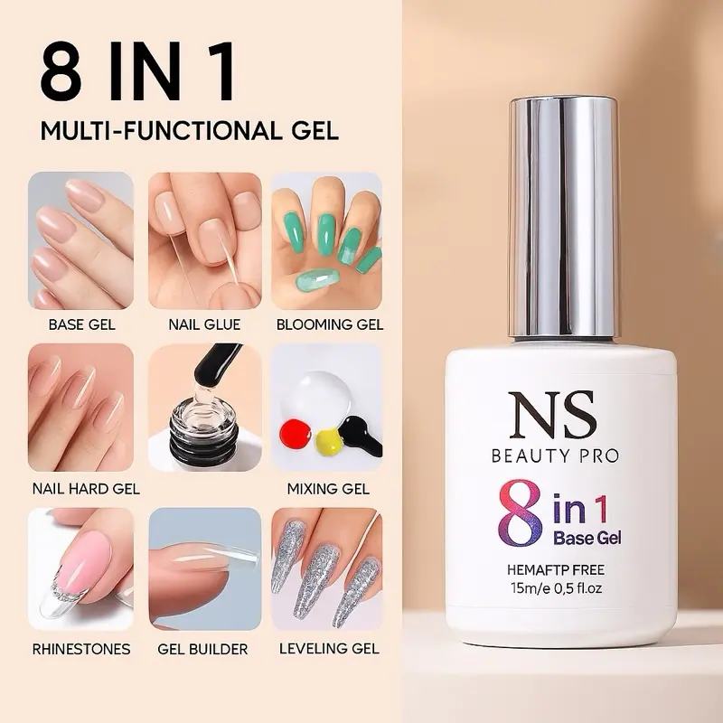 NS Beauty Pro 8 in 1 Base Gel – Multifuncional, Profesional y Libre de HEMA/TPO