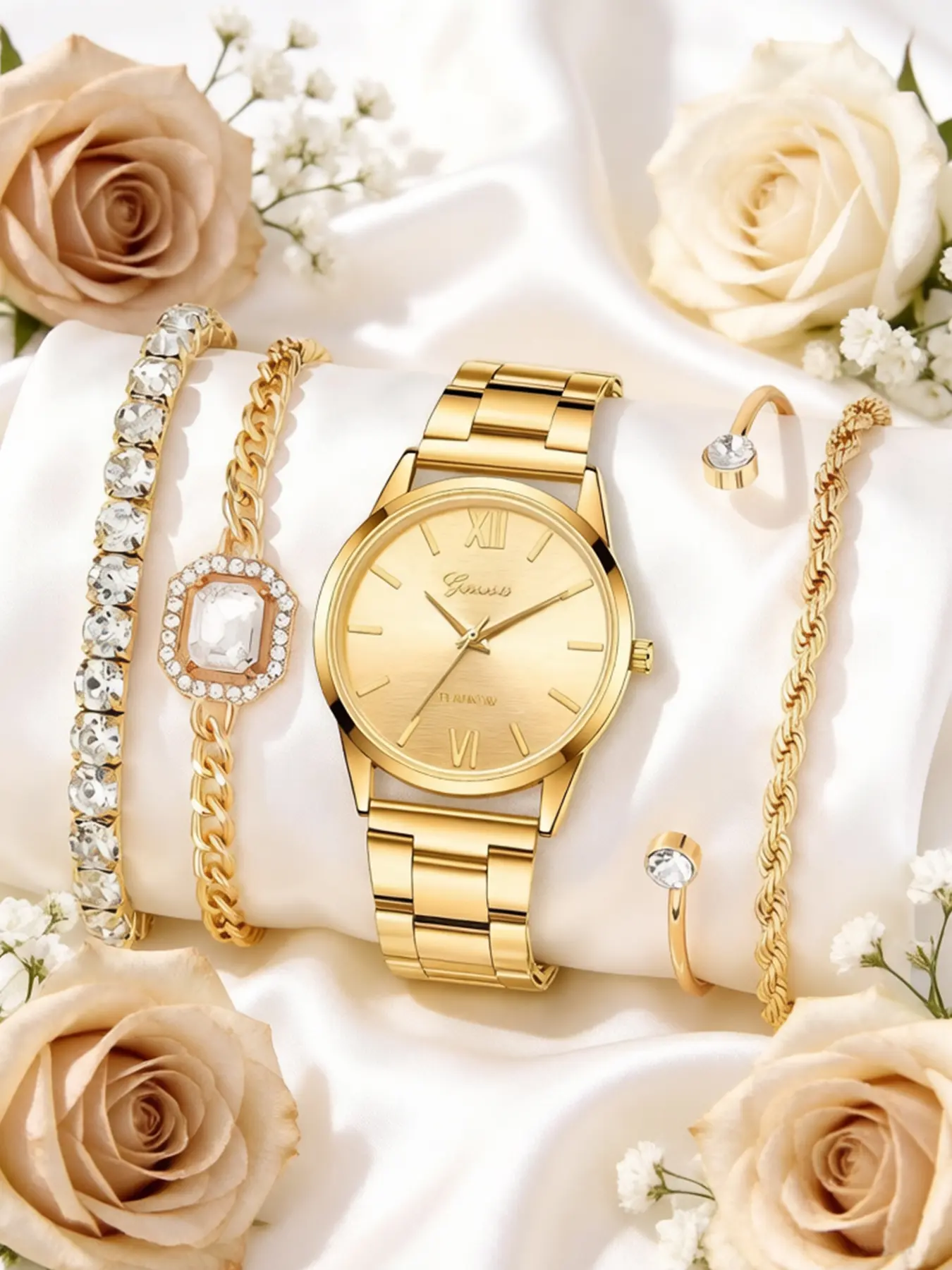 5pcs Set, Women's Fashion Luxury Business Dual-Tone Stainless Steel Band Watch, Alloy Material, Alloy Bracelet Set, Suitable For Daily Wear, Watch & Bracelet Set, Gift For Women, Trendy Watch Set, Exquisite Watch Set