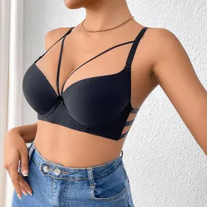 Sexy Push Up Bra for Women, Black Deep V Bralette with Strappy Back Design, Wireless Lace-Up Supportive Bra for Club & Party Outfits