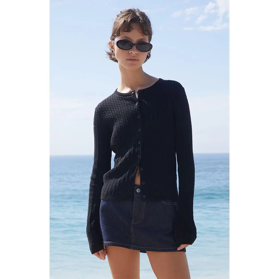 John Galt Women's Black Zoe Cable Knit Cardigan