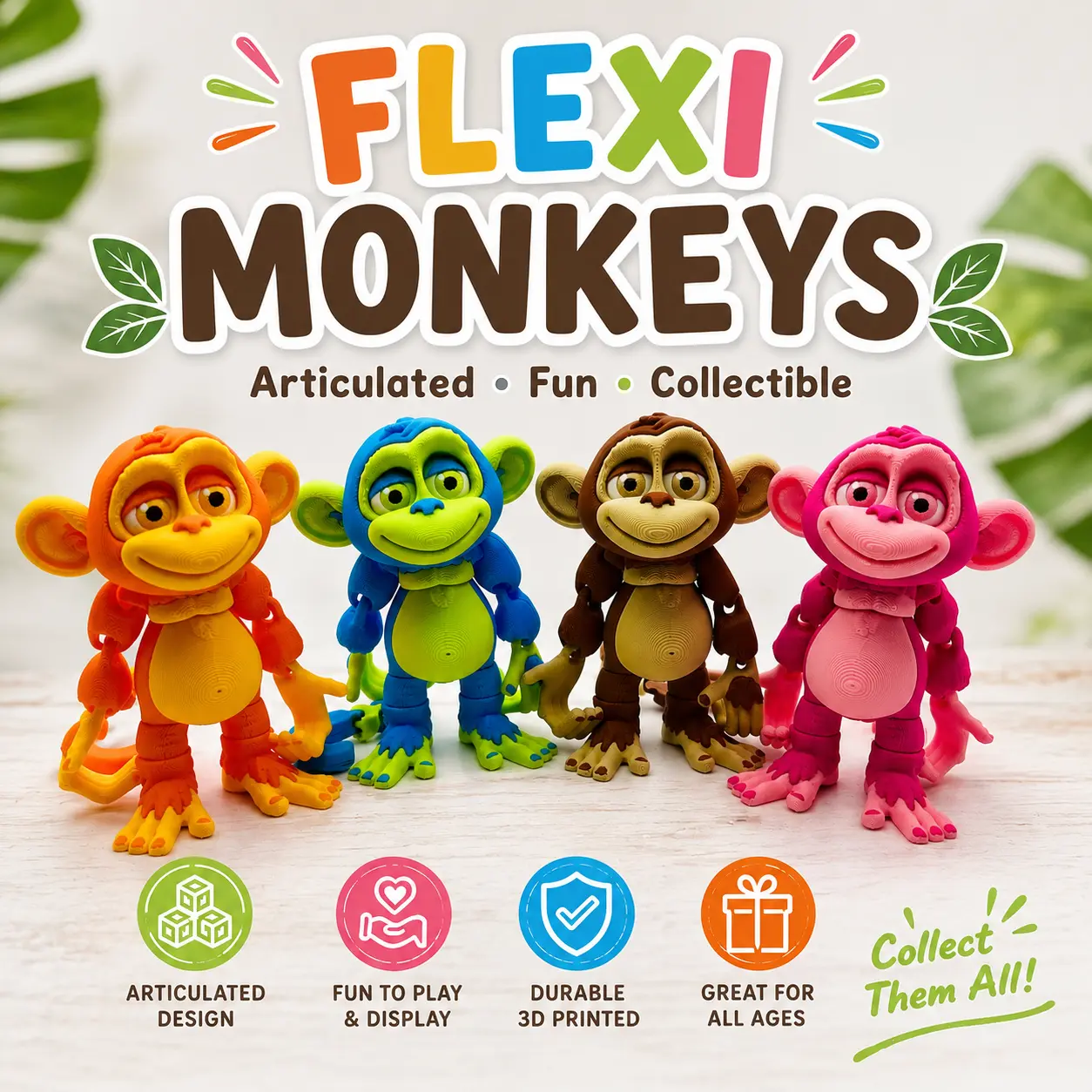 Flexi Monkey Articulated 3D Printed Toy, 4 Inch Flexible Monkey Figure, Fidget Desk Toy, Posable Collectible Animal, Unique Gift for Kids and Adults