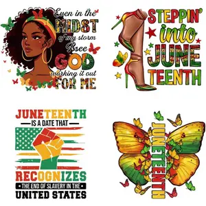 Juneteenth Iron On Transfer Patches, 4 Sheets Ready to Press Vinyl Stickers Iron On Transfers Patches for Clothing T-Shirts Washable Heat Press Decals Black History Month Clothes Decoration Applique Crafts