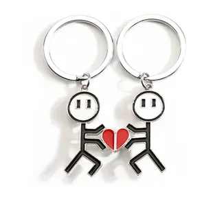 Cute Stick Figure Keychain Set, Stainless Steel Magnetic Split Heart Keyrings for Couples, Durable Cartoon Romance Gift for Anniversary