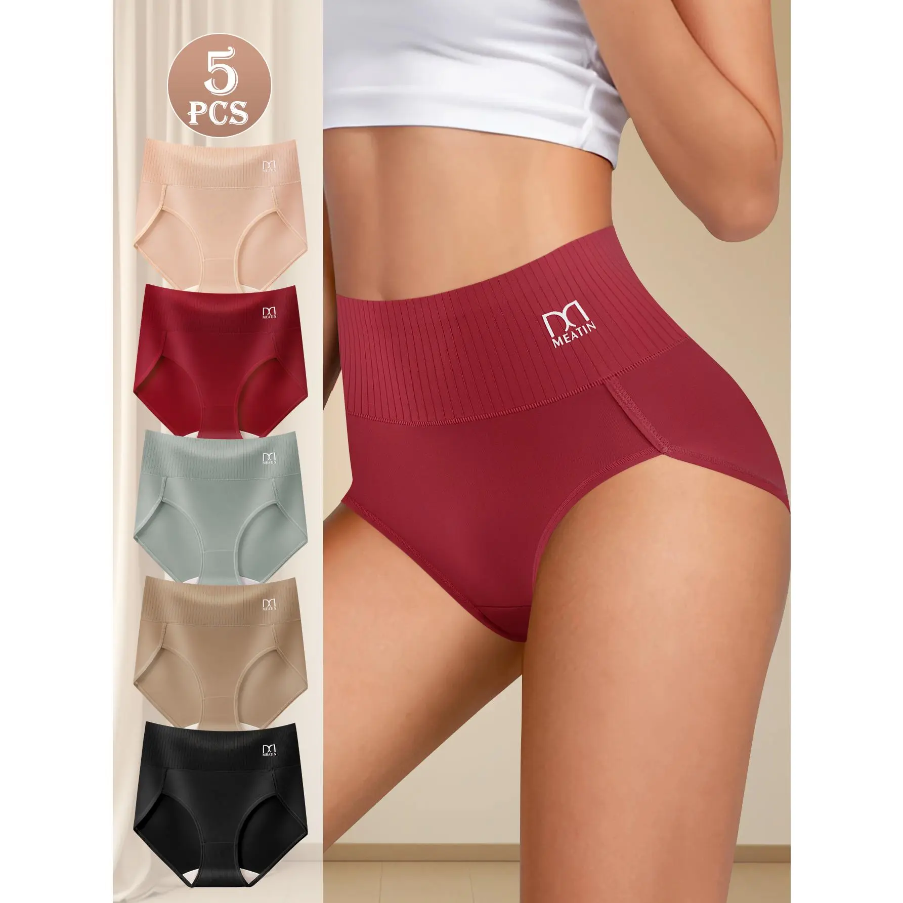 QUASTI 5PCS High Waist Milk Silk Sexy Underwear for Women, Elastic Abdominal Control Hip lifting Panties, Comfortable Breathable Soomth Biefs for Women, Full Coverage Soft Strech Panty for Ladies, Fashion Aesthetic Mixed Color Underwear , S-XXL