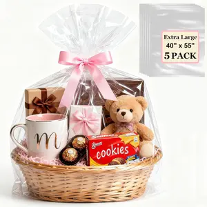 Clear Cellophane Bags, 5 Pack 40" x 55"   Clear  Bags, 3 Mil Thick Huge Plastic Bags for Baskets Packaging, Cellophane Wrap Christmas  Bags