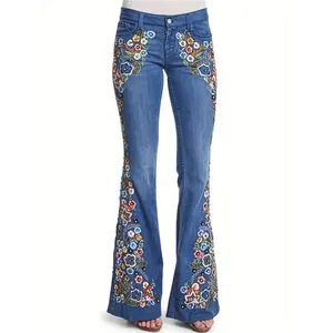[Floral Embroidered Bell Bottom Jeans] Deep Blue Floral Embroidered Bell Bottom Jeans - Chic Women's Casual Micro Flared Denim - S to 4XL, Machine Washable, Button Closure