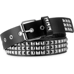Black Studded Belt - Punk Rock Metal Pyramid Studs, Gothic Edgy Belt for Men Women, Adjustable 27-40 Inch