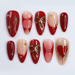 30pcs Almond Nail Tips Glossy Butterfly Design, Long French Style Removable False Nails with Lines, No Glue Included