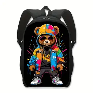 Cartoon Bear Backpack: Casual School Bags for Women and Men - Lightweight, Zip Closure, Adjustable Straps, and Vibrant Print Design