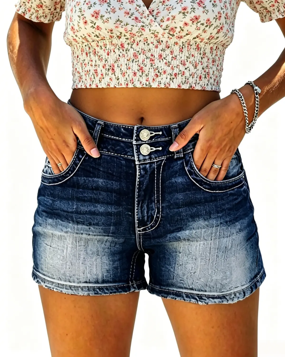 Women's Casual Mid-Rise Ripped Stretchy Denim Shorts with Folded Hem, Womenswear Hot Bottoms