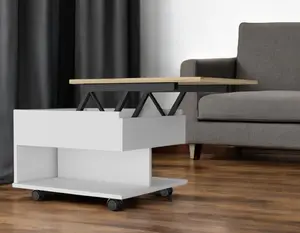 HomeRoots 535061 22 in. Natural & White Wood Lift Top Coffee Table with Two Shelves