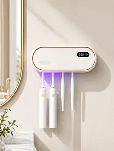 Smart UVC Toothbrush Sanitizer and Dryer Wall Mount, No Drill Electric Toothbrush Holder with Digital Display, UV Sterilizing Bathroom Toothbrush Storage Rack