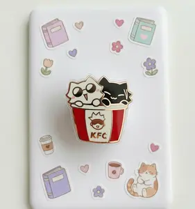 Funny Fast Food Parody Phone Holder - Cute Duo Cat Anime Inspired Phone Accessory - Red Chicken Bucket Phone Grip - Aesthetic Meme Griptok for Smartphone