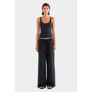 Silk Linen Relaxed Pleat Front Pant - Black