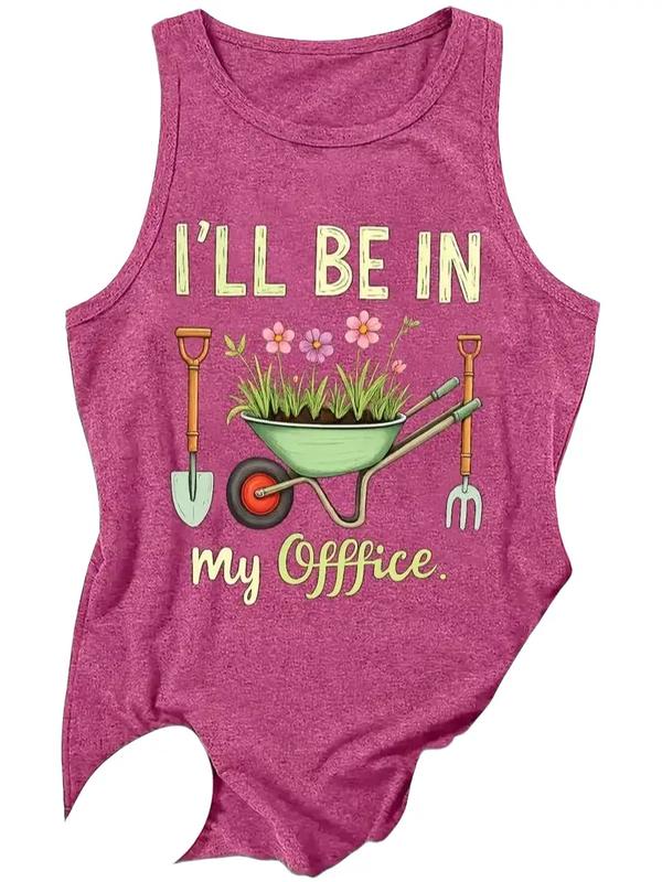 Women's Sleeveless Breathable Loose Fit Gardening Tank Top with Denim Accents, Polyester Fabric, "I'll Be In My Office" Quote & Plant-Related Office Theme