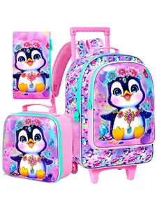 3PCS Cute Penguin Rolling Backpack Set for Girls, Glitter Kids Wheeled Backpack with Lunch Bag & Pencil Case, Sparkly School Backpack for Elementary
