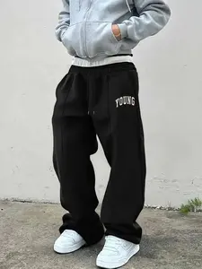 Men's Casual Loose-Fitting Pants, Casual Loose Baggy, Graphic Letter Pattern Print, Drawstring Waist, Colorblock Wide Leg, All Seasons Wear, Casual Fashion Trousers