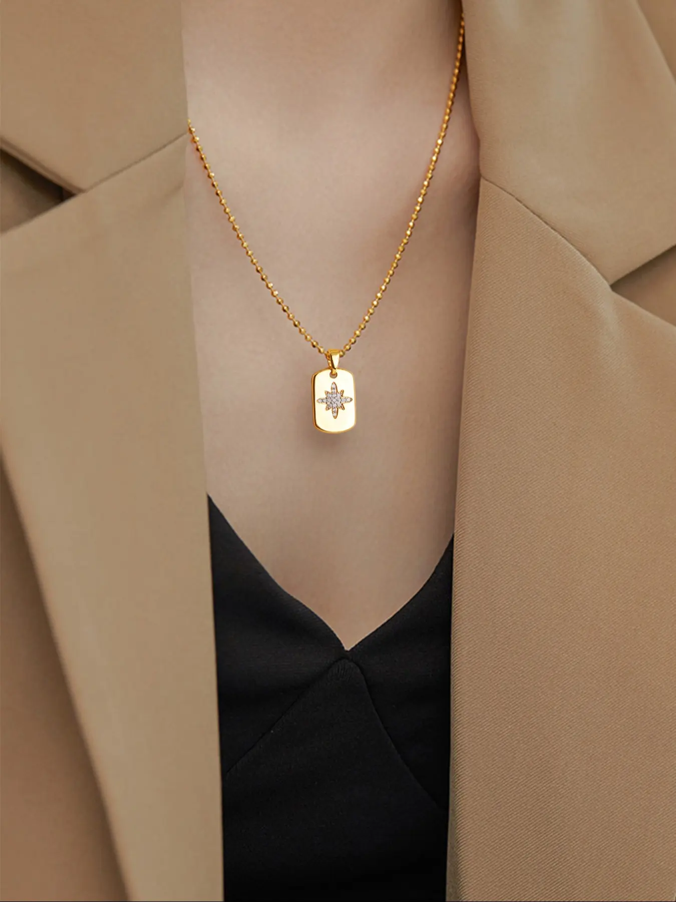 Elegant Copper Beaded Necklace with Square Star Pendant, Artificial Zirconia Jewelry for Women, Simple Classic Design