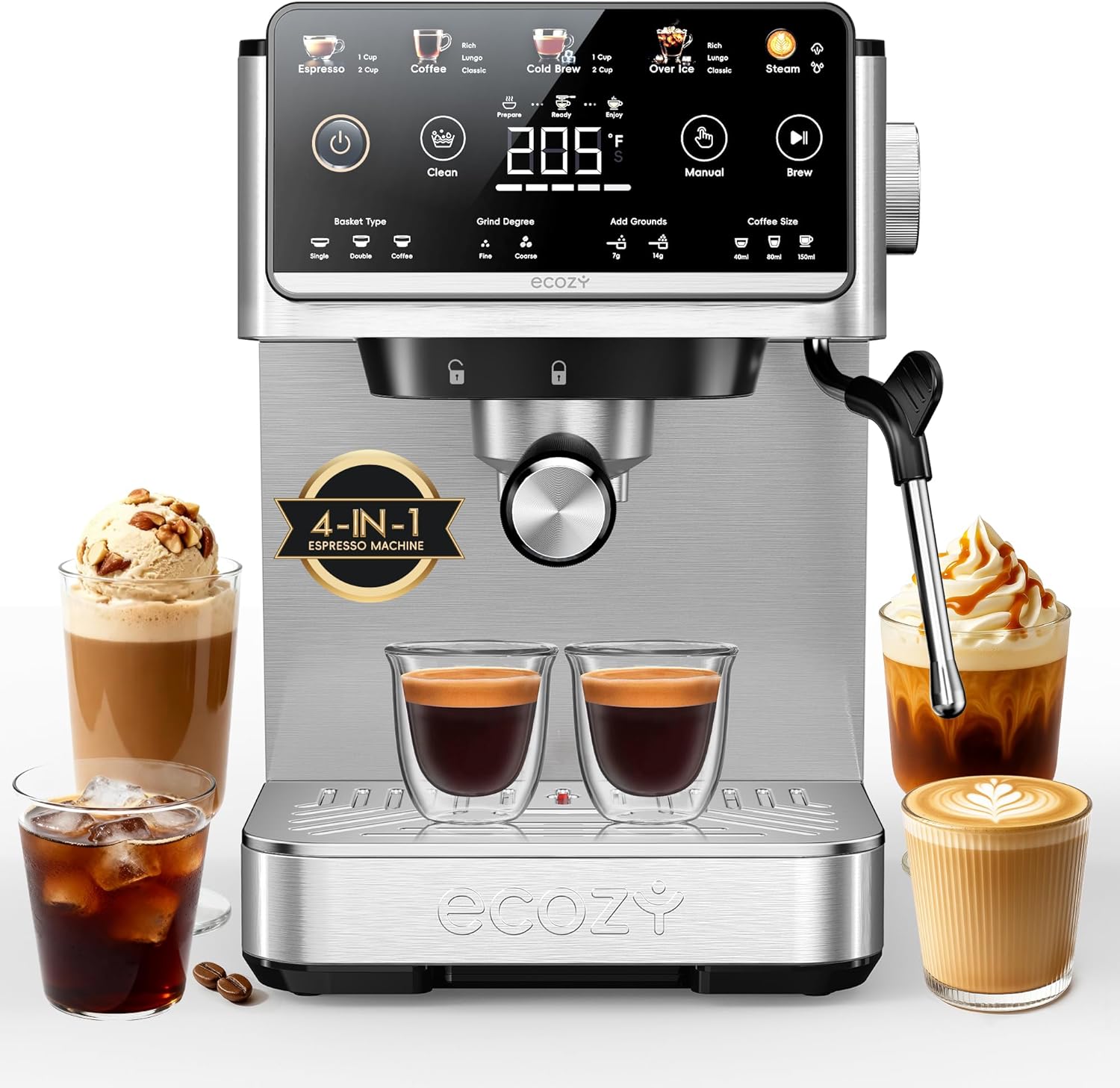 ecozy Touchscreen 4-in-1 Espresso Machine, Drip Coffee, Cold Brew and Over lce Machine, Intergrated Milk Frother, Stainless Steel, Brezzano Elite Series for Cappuccinos, Lattes, Americanos