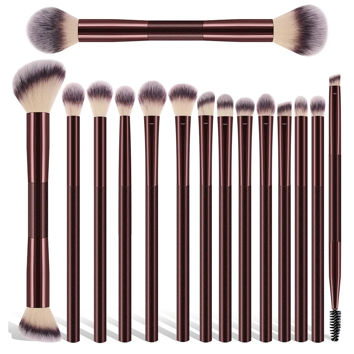 15-Piece Professional Soft Long Aluminum Tube Makeup Brush Set - Contoured Foundation, Eyeshadow, Eyebrow, Blending, Highlight, Concealer Brushes with Long Handles for Powder, Liquid, Cream, Daily Use & On-the-Go, Contoured Foundation Brush