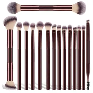 Hourglass 15pcs Professional Soft Long Aluminum Tube Makeup Brush Set - Contoured Foundation, Eyeshadow, Eyebrow, Blending, Highlight, Concealer Brushes with Long Handles for Powder, Liquid, Cream, Daily Use & On-the-Go, Contoured Foundation Brush