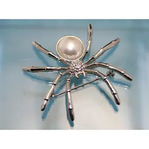 Women's Spider Brooch Pin, White Faux Pearl & Rhinestone Statement Jewelry for Halloween Party, Birthday, Engagement Gift, 2.25" x 2"