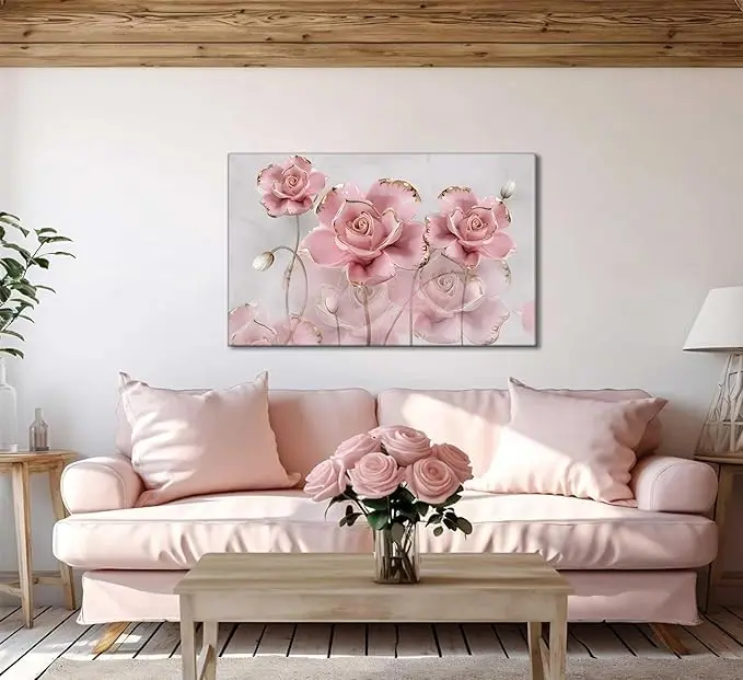 Modern Delicate Pink Gold Roses Canvas Wall art Flower Reflecting In Grey Marble Picture Wall Decor Poster Print Artwork for Living Room Bedroom Woman Room Home Decoration anime design Floral Gift wall art gift Lightweight Ornaments