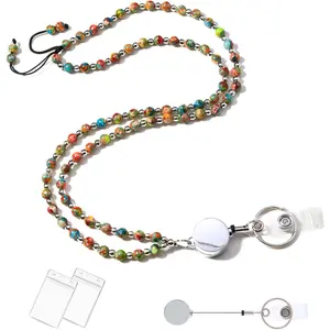 Beaded Retractable Lanyards for ID Badges and   Stone Teacher Badge Lanyard with Id Holders