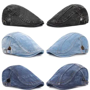 Adjustable Denim Newsboy Cap for Men and Women Vintage Retro Style Beret Hat Solid Color Neutral Washed Old Denim Design Comfortable Fit