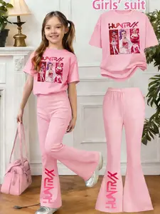 Girls' Kpop Sweet Heart Print 2-Piece Set, Casual Sporty Short Sleeve & Bell Bottom Pants, Comfortable Elastic Waist, Spring Summer, Heart Pattern