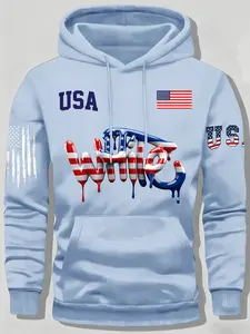 American Streetwear Usa Flag Graffiti Hoodie, Trendy Gangster Style Fitted Pullover, Casual Fall & Winter Fashion for Men