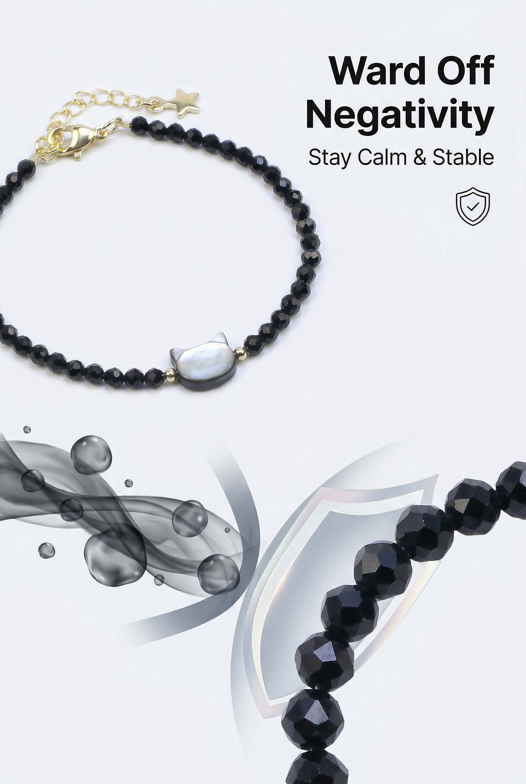 Black Crystal Bracelet with Cat Head Design for Women - Adjustable & Gift-Ready Lucky Fortune Cat