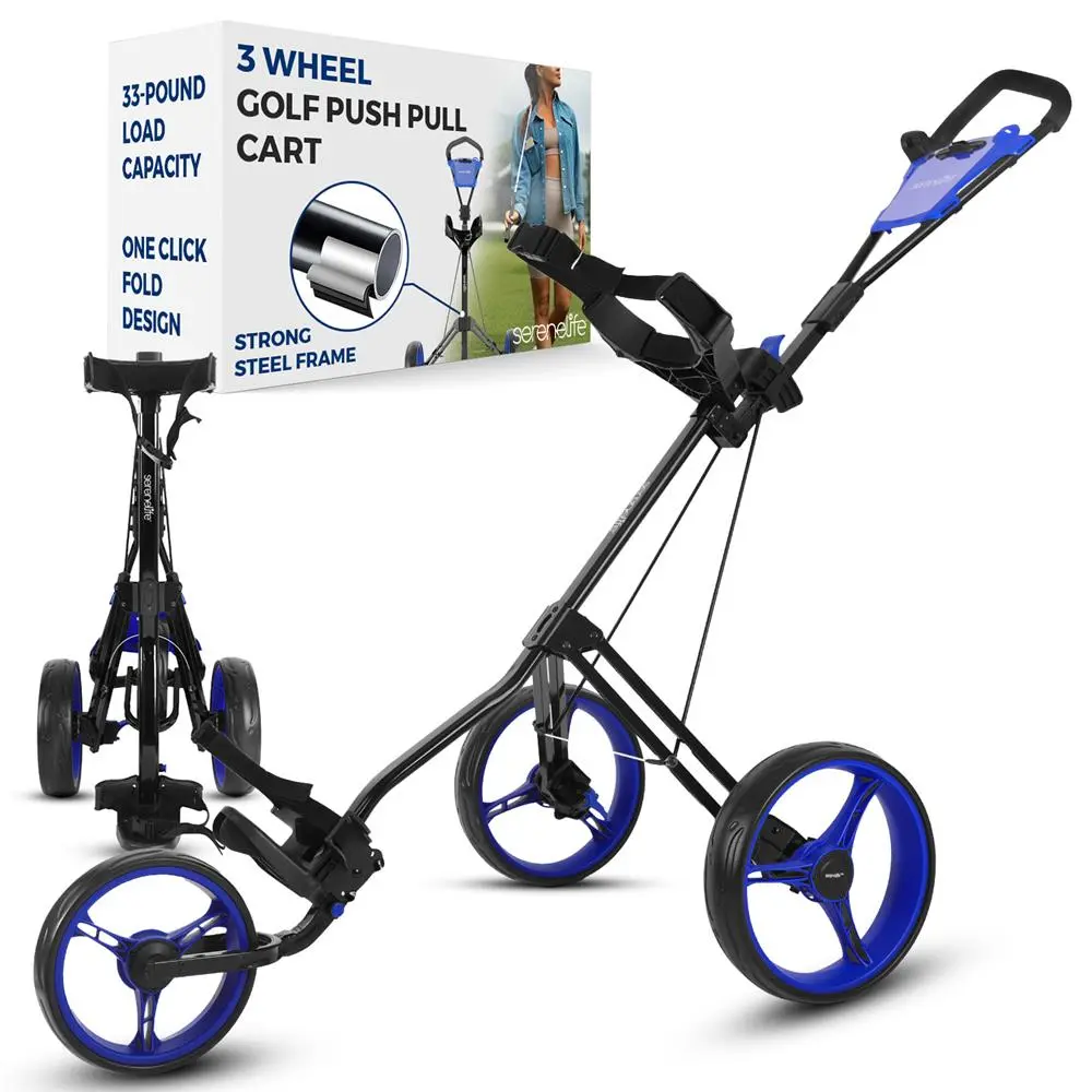 Foldable 3-Wheel Golf Push Cart | Steel Frame Golf Trolley with Adjustable Handle, Quick Brake System, Scorecard & Bag Holder – Compact Lightweight Golf Equipment for Easy Transport