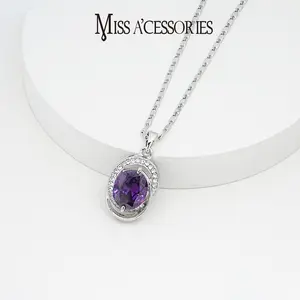 Viral Silver Purple Crystal Halo Necklace | Dainty Amethyst Rhinestone Pendant Aesthetic Jewelry | Luxury Silver Amethyst Crystal Necklace | Vintage Halo Purple Gem Statement Jewelry | Ideal Birthday/Anniversary Gift for Girlfriend