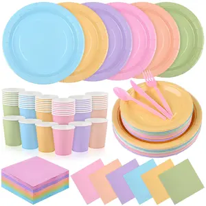 2024 durony 360 Pieces Pastel Rainbow Disposable Party Supplies Include 7" and 9" Pastel Paper Plates Cups Napkins Cutlery Pastel Rainbow Party Decorations Serves 48 Guests for Birthday Wedding Baby Shower