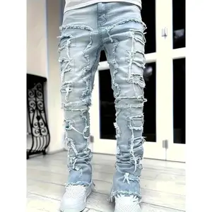 Men's Slim Fit Straight-Leg Distressed Jeans with Layered Ripped Holes & Patches - Mid-Rise Denim Pants, Built-In Zipper, All-Season Casual Wear
