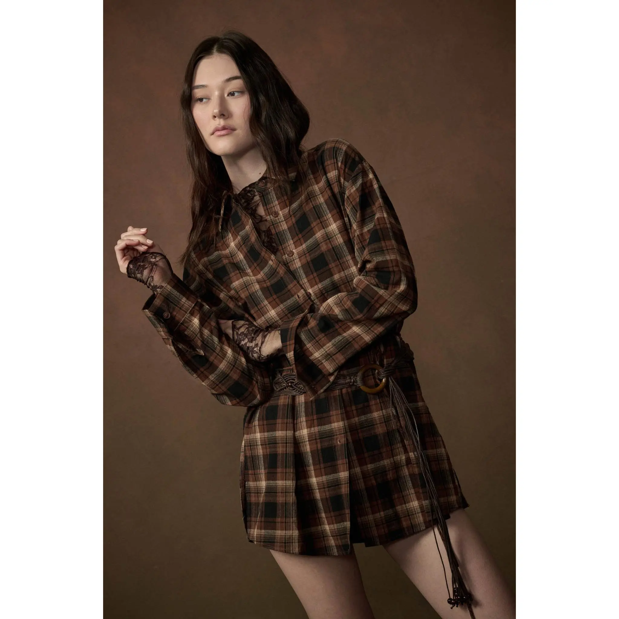 Breaking Plaid Button-Up Belted Shirt Romper