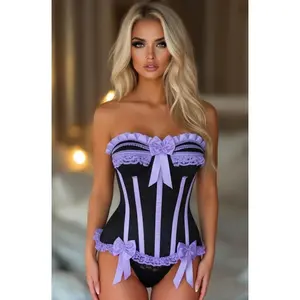 Top Drawer Black/Lavender Satin Steel Boned Burlesque Corset