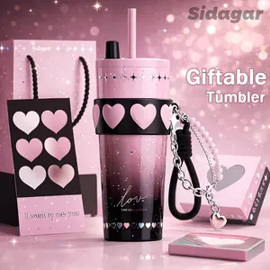 [Sidagar] Cute Water Bottle For Women Tumbler Cup, Heart Silicone Band Drinkware With Bracelet Charm, Giftable Coffee Cups Style, Leak-Proof Straw Lid, Portable Flask, Wide Mouth, Slim Base Fits Car Cup Holder, 24oz